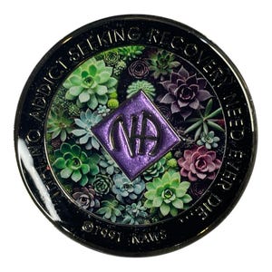 Könnte beinhalten: Eine runde Medaille aus Metall mit einer zentralen violetten Rautenform und den schwarzen Buchstaben NA. Der Hintergrund zeigt ein farbenfrohes Muster aus verschiedenen grünen und violetten Sukkulenten. Der schwarze Außenrand trägt die Aufschrift NO ADDICT SEEKING RECOVERY NEED EVER DIE... sowie den Text 1991 NAWS.