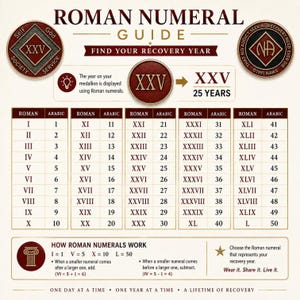 May include: A Roman Numeral Guide chart for recovery medallions, featuring a table converting Roman numerals I through L to Arabic numbers 1 through 50. The graphic includes two circular medallions, an explanation of numeral logic, and text.