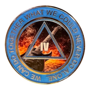 May include: A circular medallion with a metallic blue border featuring the text WE CAN DO TOGETHER WHAT WE COULD NEVER DO ALONE. The center displays a black electric guitar silhouette against a fiery orange background with a blue triangle and the Roman numeral IV.