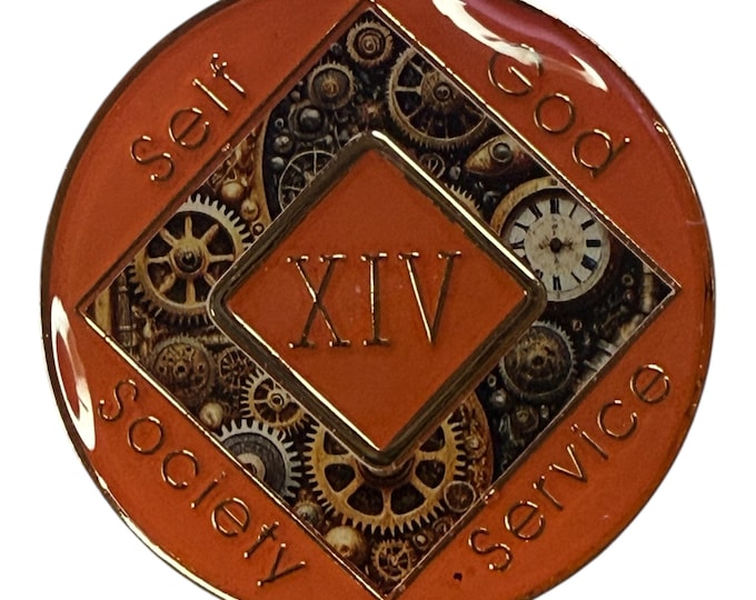 Steampunk NA Medallion: Orange Gear Design Sobriety Recovery Chip