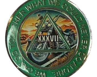 AA Motorcycle Medallion – Mountain Sunset Sobriety Chip – Custom Year & Color