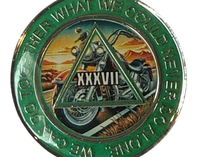 AA Motorcycle Medallion – Mountain Sunset Sobriety Chip – Custom Year & Color