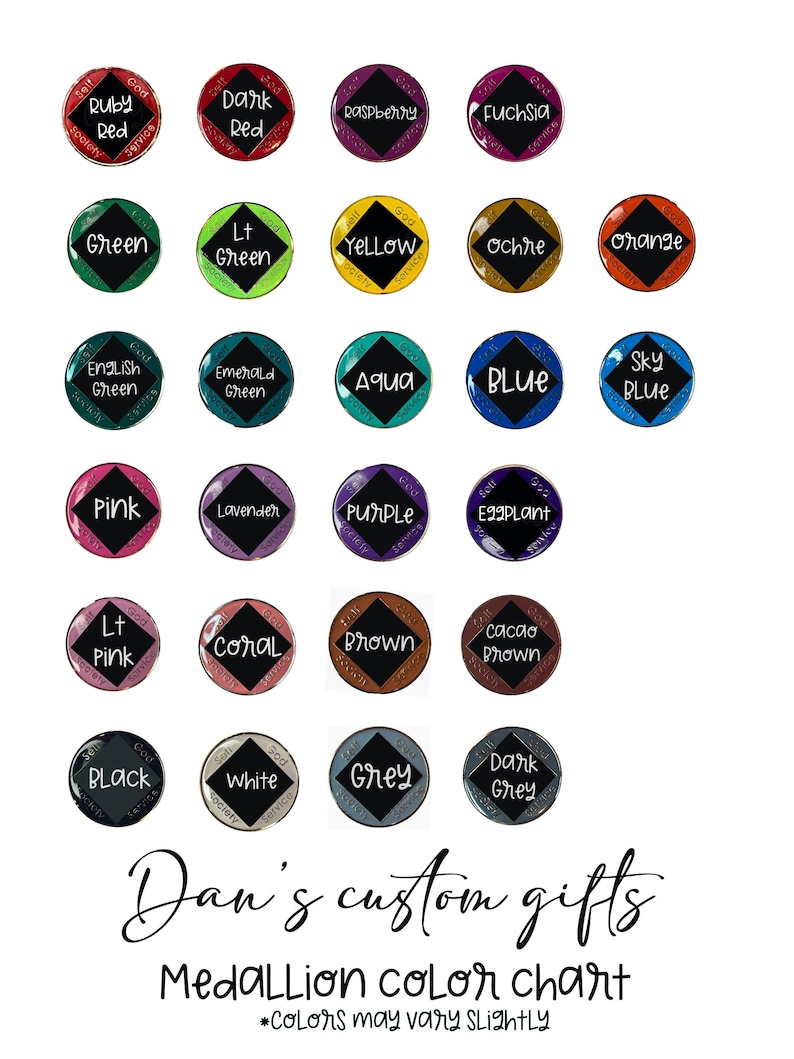 May include: A color chart for medallions featuring twenty-four circular tokens arranged in a grid. Each token displays a central black diamond with the words Self, God, and Service around the edges, and a color name printed in the center.