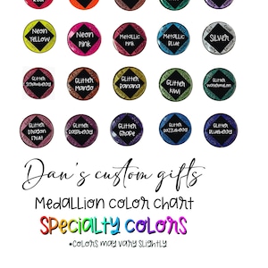 Specialty color chart displaying twenty circular color options featuring neon, metallic, copper, and glitter finishes.