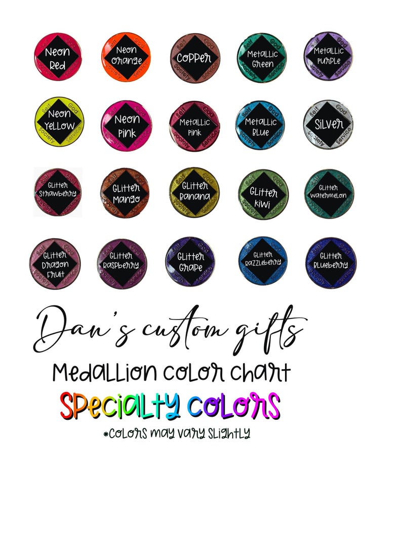 Specialty color chart displaying twenty circular color options featuring neon, metallic, copper, and glitter finishes.