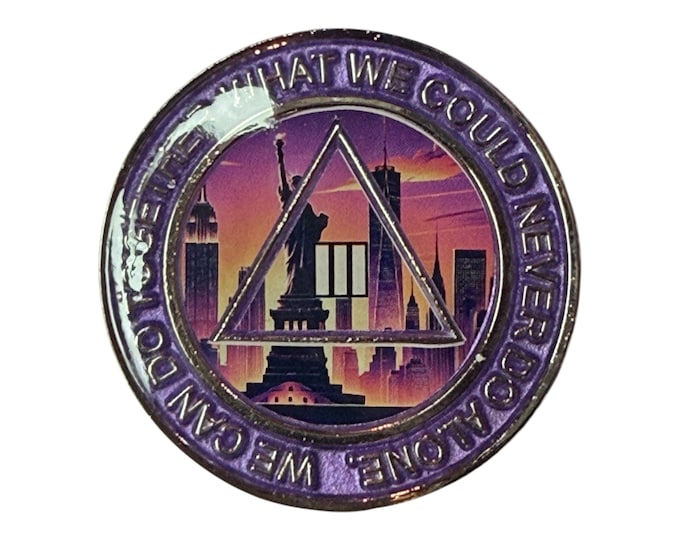 NYC Skyline AA Recovery Medallion: Custom Year & Color, Serenity Prayer
