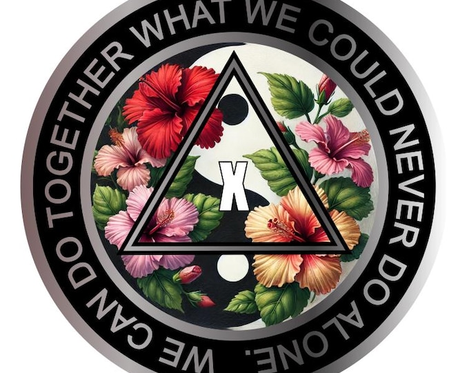 Floral Yin Yang AA Recovery Medallion 38mm – Alcoholics Anonymous Sobriety Chip – Custom Color Clean Time Coin