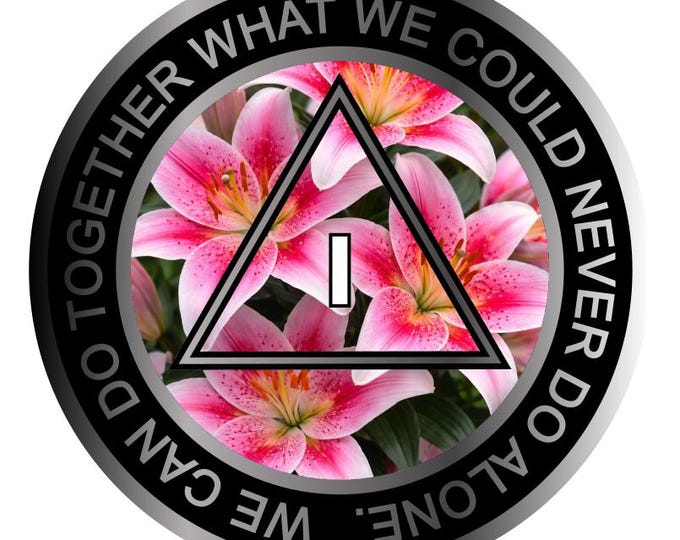 Pink Lily AA Medallion – Floral Sobriety Chip with Serenity Prayer