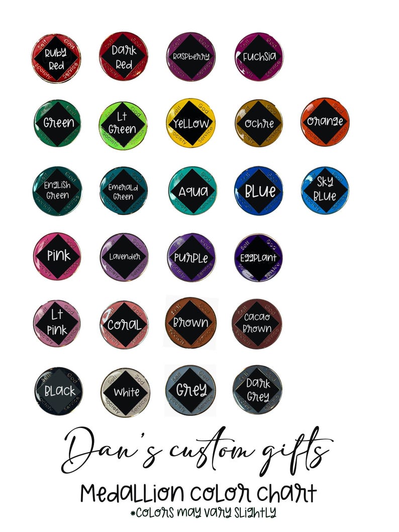 Medallion color chart displaying twenty-four standard circular color options with labels such as Ruby Red, Green, Blue, and Black.