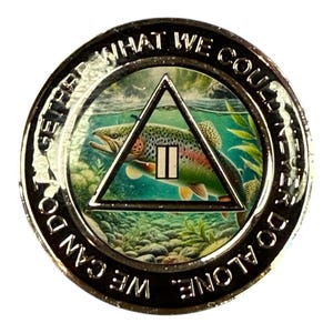 Rainbow Trout AA Recovery Medallion – Nature Sobriety Chip with Serenity Prayer Back