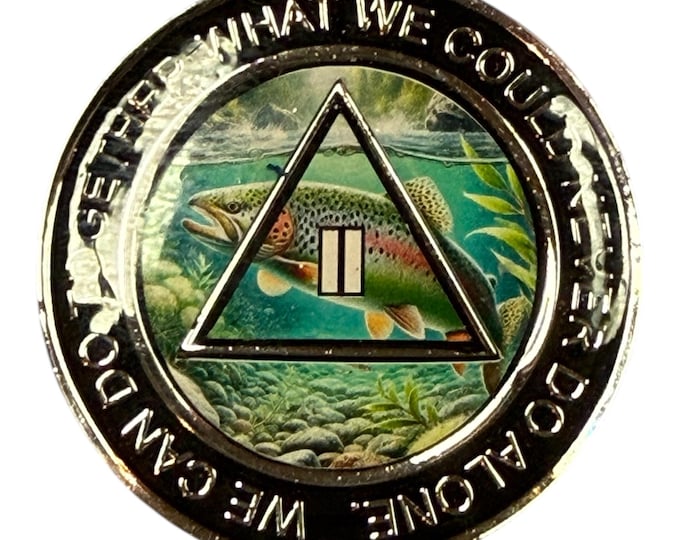 Rainbow Trout AA Recovery Medallion – Nature Sobriety Chip with Serenity Prayer Back