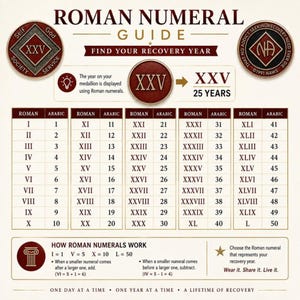 Roman numeral guide chart displaying conversion values from I to L for choosing a recovery year on the medallion.