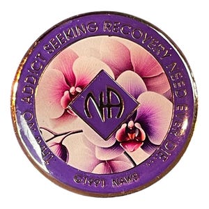 NA Orchid Recovery Medallion – Custom Color and Clean Time – Handmade Narcotics Anonymous Chip with Floral Graphic – Resin Sealed