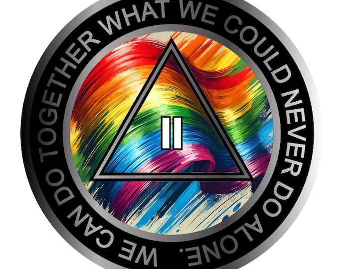 Rainbow Brushstroke AA Sobriety Chip – Colorful Abstract Recovery Medallion with Serenity Prayer