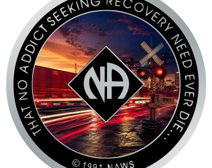 NA Recovery Medallion 34mm – Railroad Crossing Sunset Artwork, Custom Color Clean Time Coin