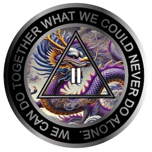 May include: A circular design with a black border features a purple dragon illustration. The dragon is inside a triangle with two vertical lines. The text around the edge reads "WE CAN DO TOGETHER WHAT WE COULD NEVER DO ALONE."