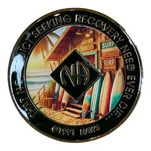 Surf Shack NA Medallion - Narcotics Anonymous Recovery Coin - Beach Themed NA Token - Sober Anniversary Gift - Surf & Serenity NA Chip