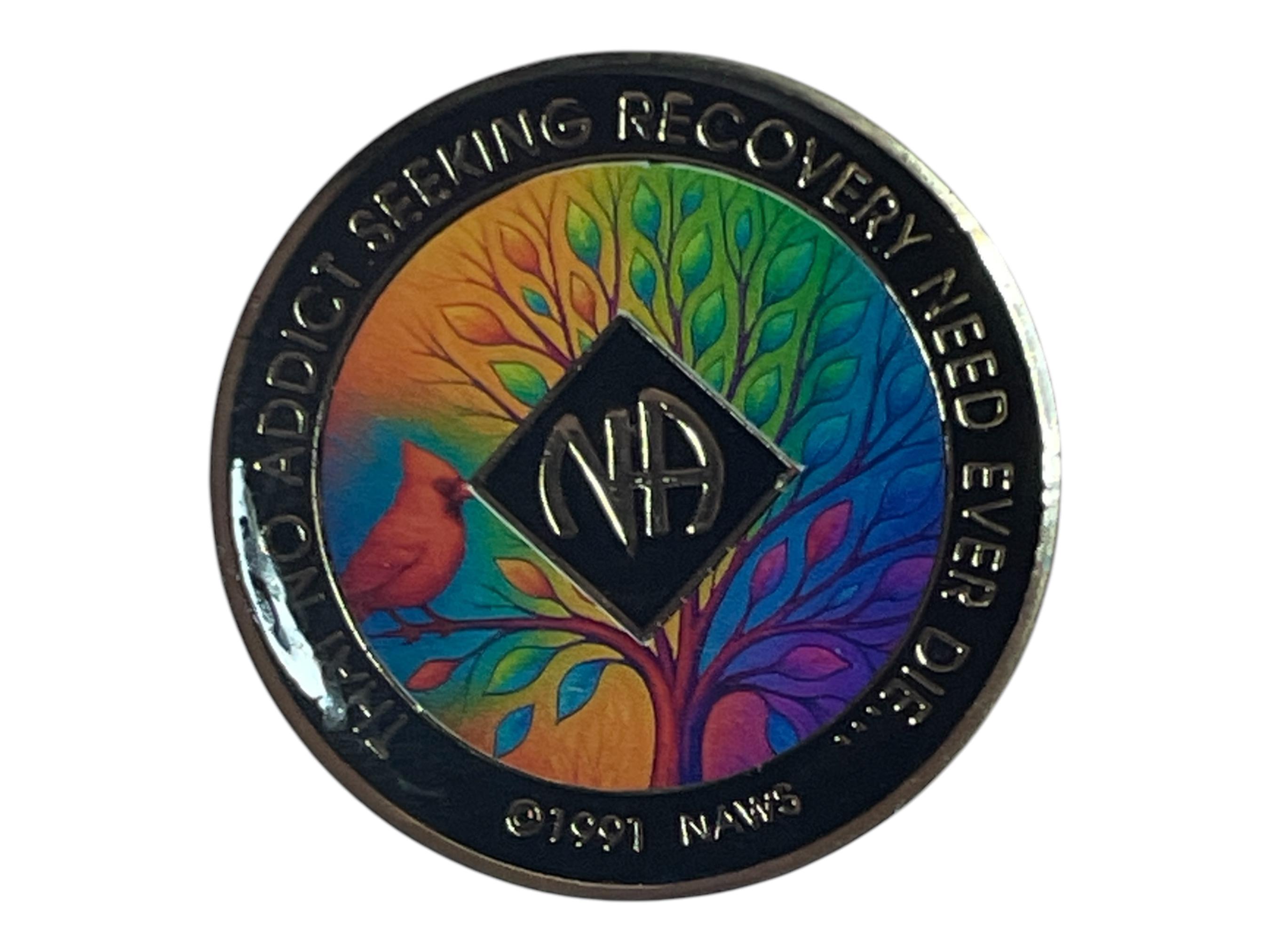 NA Cardinal Recovery Medallion – Rainbow Tree Design – Custom Clean Time & Color – Handmade Narcotics Anonymous Chip – Resin Sealed