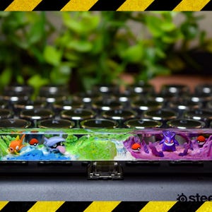 Op de afbeelding: Een transparante resin-toetsenborddop met een groene, paarse en blauwe landschapsscène. De scène toont drie Pokémon-personages: een rode en oranje vis, een blauw en paars wezen en een paars spookachtig wezen. De toetsenborddop is ontworpen voor een mechanisch toetsenbord.