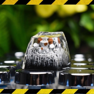 May include: A clear, rectangular keycap with a miniature figurine inside, set on a keyboard. The figurine has brown and white details. The keycap is surrounded by a white, textured design, and the keyboard keys are black.