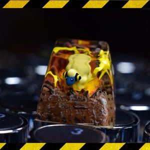 May include: A yellow and blue frog figurine encased in clear resin with brown and orange accents. The resin piece is sitting on a black keyboard.