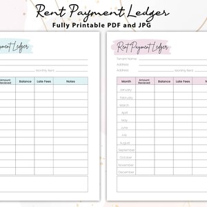 Peut inclure: Deux registres de paiement de loyer imprimables. Chaque registre comporte un en-tête indiquant "Rent Payment Ledger" et comprend des champs pour les informations sur le locataire et le suivi des paiements mensuels. Les registres sont entièrement imprimables aux formats PDF et JPG.