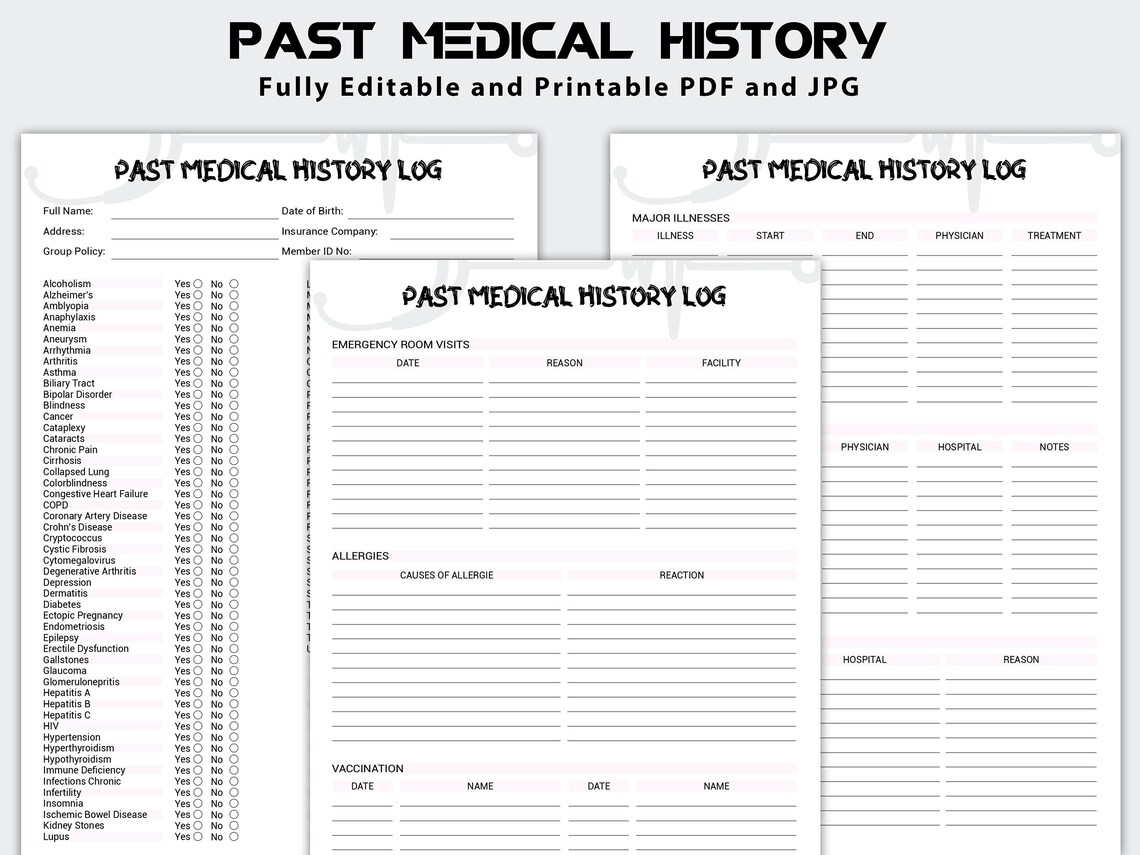 Past Medical History Log, Family Medical History Form , Medical Record ...