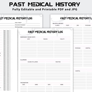 Past Medical History Log, Family Medical History Form , Medical Record, Personal Health History, Medical Health, Family Health History