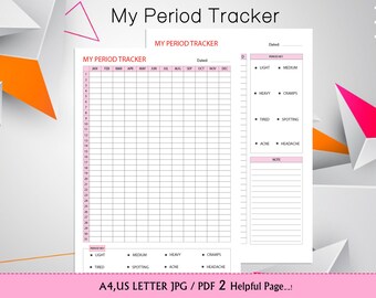 Afdrukbare periodetracker, maandelijkse periodetracker, A4 en Amerikaanse brief PDF