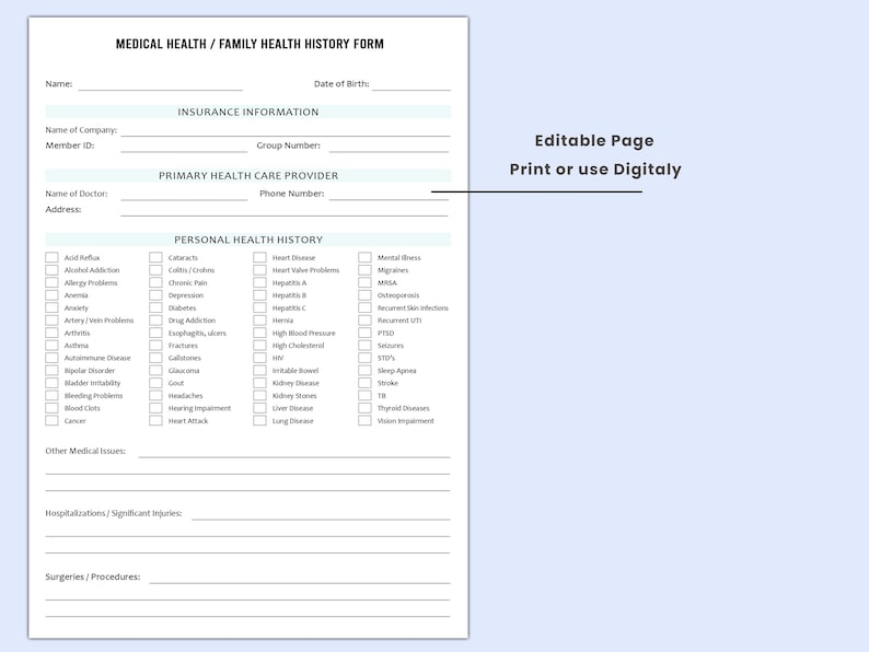 Editable Medical History Form, Family Medical History Form , Medical ...