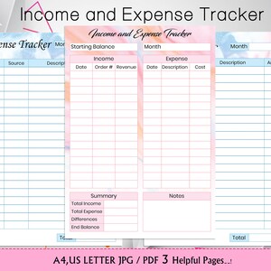 May include: A set of three printable income and expense trackers. The pages feature a watercolor-style design with pink, blue, and orange hues. Each tracker includes sections for income, expenses, and summaries. The text "Income and Expense Tracker" is at the top.
