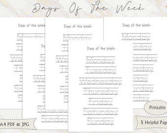 Dagen van de week Handschrift oefenblad, afdrukbare handschrift werkbladen, handlettering praktijk, nette handschrift oefenbladen