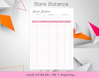 Afdrukbaar banksaldo, banksaldo afdrukbaar, bankrekeninglogboek, tracker voor spaarrekeningentransacties, financieel logboek, inkomsten- en uitgaventrack