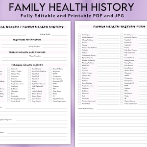 Editable Medical History Form, Family Medical History Form , Medical Record, Personal Health History, Medical Health, Family Health History