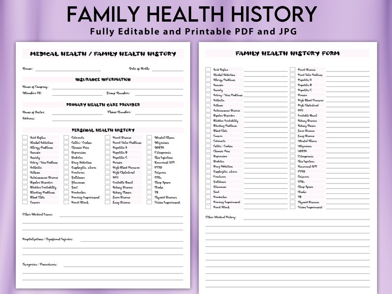Editable Medical History Form, Family Medical History Form , Medical