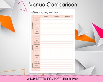 Afdrukbare locatievergelijking, locatie checklist, locatieplanner, checklist voor evenementenplanner, locatiedetails
