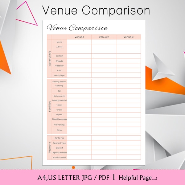 Printable Venue Comparison, Venue Checklist, Venue Planner, Event Planner Checklist, Venue Details