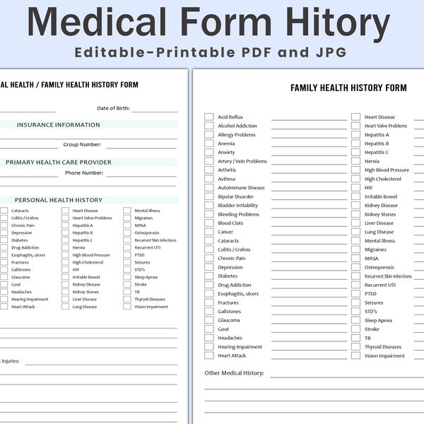 Editable Medical History Form, Family Medical History Form , Medical Record, Personal Health History, Medical Health, Family Health History