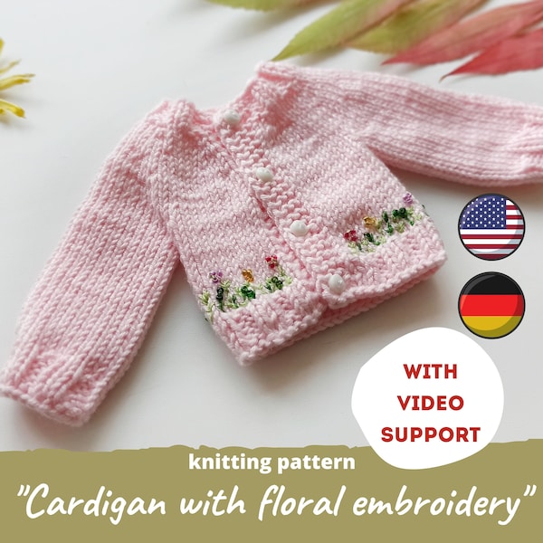 Floral cardigan for Paola Reina doll KNIT PATTERN / Easter sweater for Minouche 12-13 inch doll, Ruby Red Siblies 32 cm clothes pattern pdf