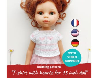 T-shirt with hearts for Paola Reina 32 cm doll KNIT PATTERN / Sweater for Ruby Red Siblies, Boneka doll clothes pdf, Little Darling blouse