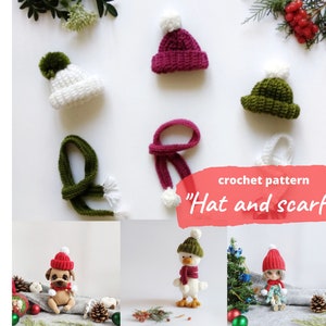 May include: A collection of miniature crochet hats and scarves in various colors, including white, burgundy, and green, with white pom-poms. The image also features a pug, a duck, and a doll wearing the hats and scarves. The text "crochet pattern" and "Hat and scarf" is visible.