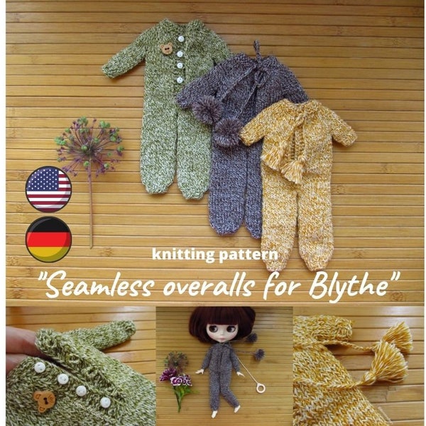 KNITTING PATTERN for Blythe doll Seamless overalls for Pullip doll, Licca knit clothes, Jumpsuit for little 1/6 scale Qbaby, Momoko