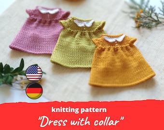 Mini dress KNITTING PATTERN for doll, Knit clothes for toy pdf, Small dress pattern for mini teddy bear, Amigurumi toy clothes pdf outfits