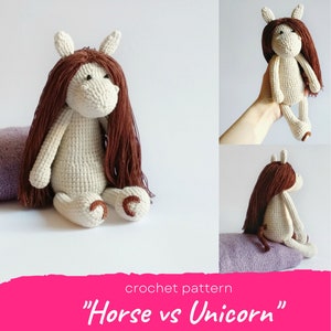 Horse vs Unicorn CROCHET PATTERN, Amigurumi crochet unicorn doll, Small crochet horse girl with long hair, Crochet easy amigurumi circus toy