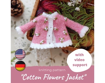 Cotton flowers jacket KNITTING PATTERN for 1/6 scale doll / Easter floral cardigan for 10 inches teddy, Sweater for 8'' textill doll clothes