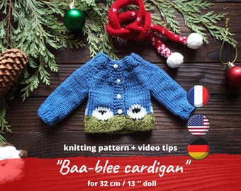 Paola Reina knit PATTERN on Christmas / Easter baa-blee cardigan 32 cm doll, Sheep sweater for Waldorf, teddy bear, Ruby Red Siblies clothes