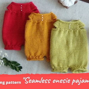 Op de afbeelding: Breipatroon voor een naadloze romper-pyjama. Het patroon is in drie kleuren weergegeven: rood, geel en groen.