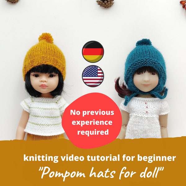 Pompom hat KNITTING VIDEO TUTORIAL for beginner / Paola Reina pattern Winter earflap helmet, Ruby Red Siblies clothes, Boneka doll outfit
