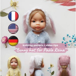 Bunny hat for Paola Reina 32 cm doll KNITTING PATTERN / Clothes for Ruby Red Siblies, Rabbit helmet on Easter for teddy, Waldorf outfit pdf