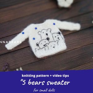 May include: A miniature white sweater with a bear design. The sweater has a crew neck and long sleeves. The bear design features five bears with black outlines. Blue dots are on the sleeves. The text "5 bears sweater" is on a blue banner.